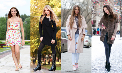 Collage of four different models in fashionable clothes for the