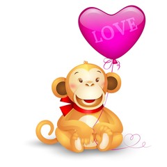 Vector icon -- cute toy monkey holding a balloon in the shape of heart