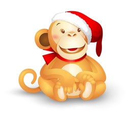 Christmas vector icon -- a cute toy monkey in a Santa Claus hat