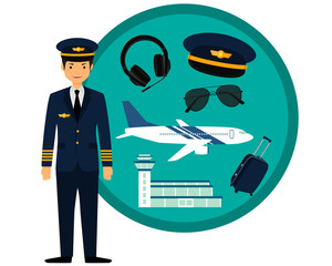 Airplane pilot in uniform and icons set. Vector illustration     © Marharyta Pavliuk