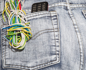 the hank of multi-colored wires was hooked for a hip-pocket of j