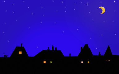 Ночь, дома, крыши, кошки и трубы. Звездное небо, месяц. Спокойствие, сказочный сон. Картинка для детей