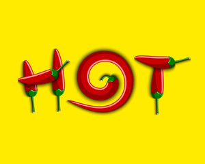 Lettering HOT composed from red chilli peppers