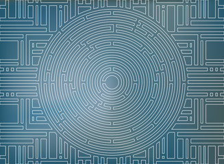 Circular labyrinth background, white and blue