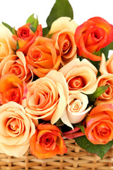 Bouquet of orange roses in basket, close up