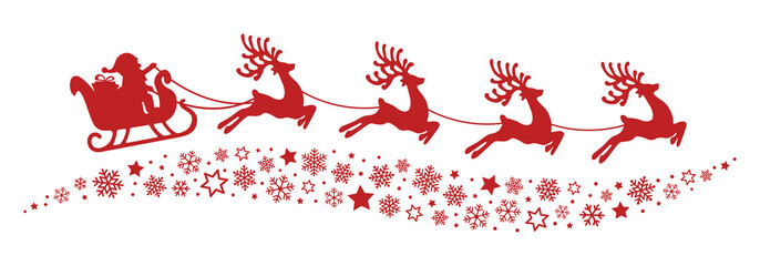 santa sleigh reindeer flying snowflakes red silhouette