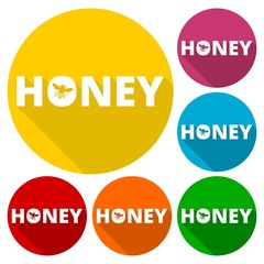 Honey icons set with long shadow, with a bee