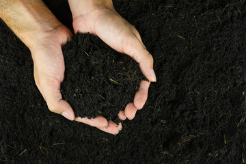 Hand of male farmer holding soil for planting crops.