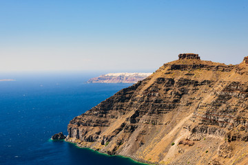  The Scaros cliff of caldera in the Imerovigli at Santorini island, Greece