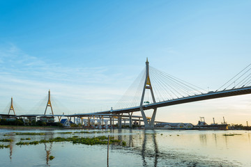Fototapeta na wymiar Bhumibol Bridge 1 and Bhumibol Bridge 2 crosses the Chao Phraya