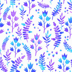 Seamless pattern of floral elements. Beautiful and cute background. Watercolor texture.