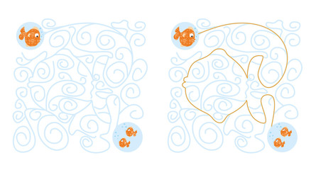maze game for children on white background with nice fish solution © katarzyna b