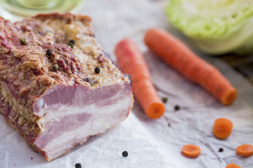 Smoked Meat with Vegetables on Brown Wooden Table