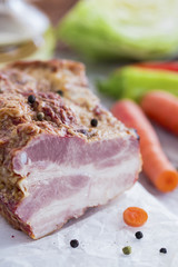 Smoked Meat with Vegetables on Brown Wooden Table