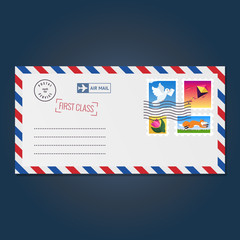 Obraz premium Envelope with stamps (dove, kite, tulip and fox) vector