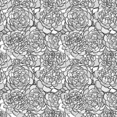 Beautiful seamless background with monochrome black and white flowers. Hand-drawn contour lines and strokes.