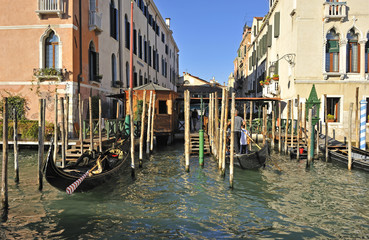 Gondolas, famous boats of Venice on the Grand Canal.