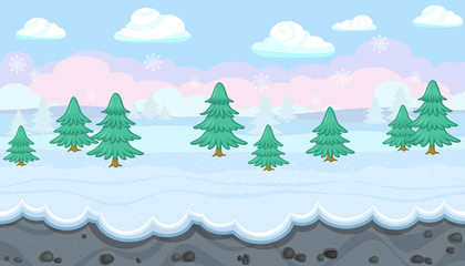 Seamless winter landscape with fir trees for Christmas game design