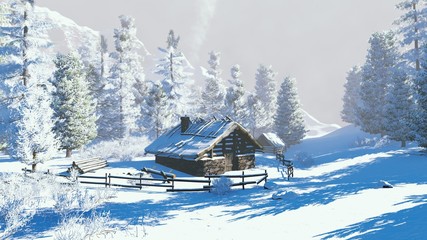 Daytime winter scenery. Cozy little cabin among snowy firs high in mountains. Decorative 3D...