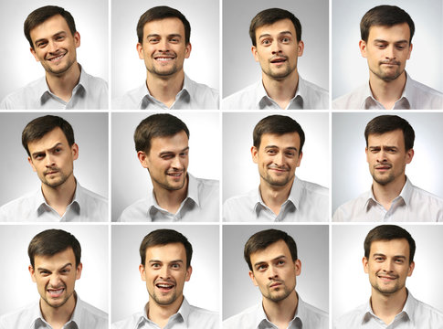 Collage of young man expressing different emotions