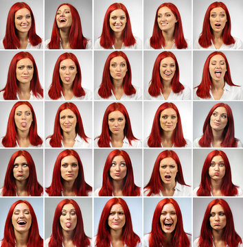 Collage of young woman expressing different emotions