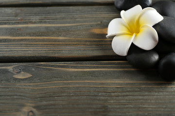 Obraz na płótnie Canvas White plumeria flower with pebbles on wooden background
