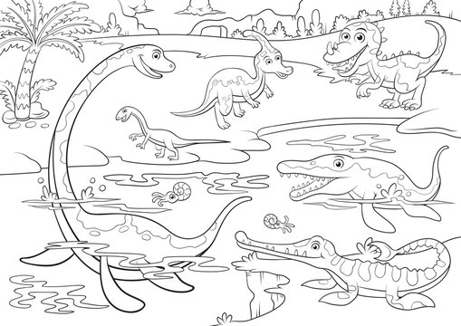 illustration of cute dinosaurs cartoon character for coloring