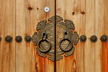 Traditional Korean style door at Bukchon Hanok Village in Seoul, South Korea.