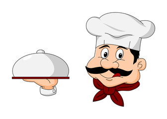 Editable Chef Character Holding Covered Tray in Cartoon Style for Restaurant and Food Related Design Project