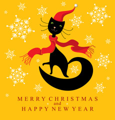 Christmas Cat with Santa hat. Vector greeting card.
