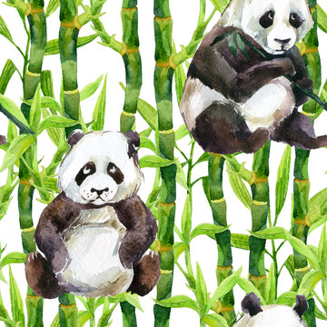 Panda with bamboo watercolor seamless pattern