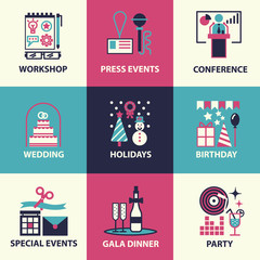 hin line and flat icons of events and special occasions organization, catering service agency, marketing agency. Flat design graphic event marketing concept, website elements.