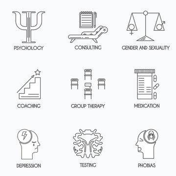 Set of 8 psychology and psychotherapy icons. Thin line design.