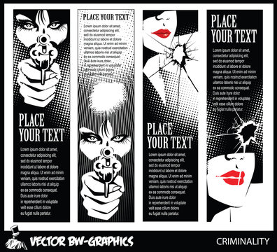 Black and white Vector banner. Girl with a gun. In the eyes of t