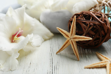 Spa set on wooden table closeup