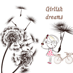 3).Background with dandelion, bicycle and little girl girlish dr
