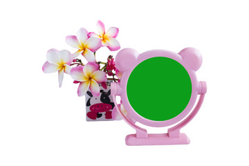 Blank green screen picture frame with flowers on white background