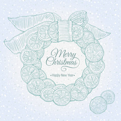 Christmas card with inscription, citrus wreath with a bow on a blue background, vector illustration