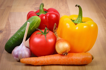 Fresh ripe vegetables on wooden surface, healthy lifestyle and nutrition