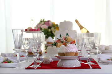 Beautiful served table for wedding or other celebration in restaurant