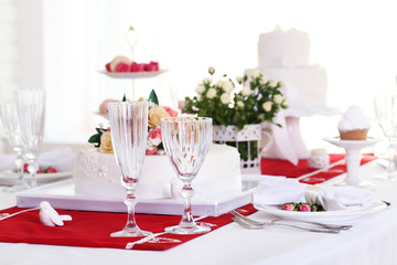 Beautiful served table for wedding or other celebration in restaurant