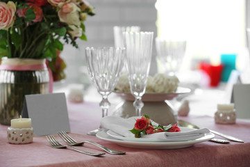 Beautiful served table for wedding or other celebration in restaurant