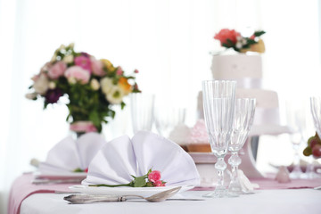 Beautiful served table for wedding or other celebration in restaurant