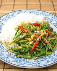 quick-fried water spinach with chili, soy sauce and rice