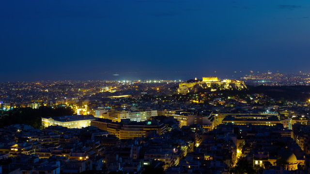 4K Athens skyline aerial view Parthenon day dusk to night timelapse