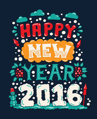 Modern  flat design hipster New Year 2016 postcard with lettering