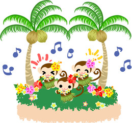 Monkeys dancing hula under the coconut trees