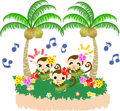 Monkeys dancing hula under the coconut trees