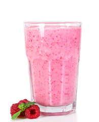 A glass of fresh cold raspberry smoothie, isolated on white