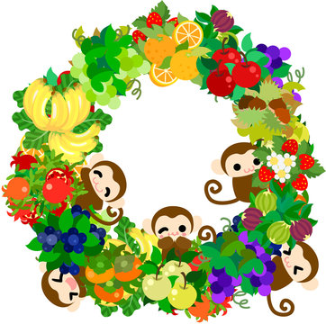 Pretty monkeys and the wreath of so many fruits